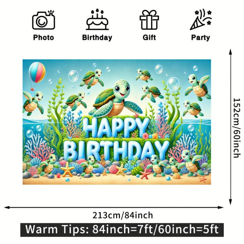 Un pezzo piatto 2D di una tartaruga di buon compleanno a tema oceano, sfondo in poliestere adatto per feste e decorazioni esterne
