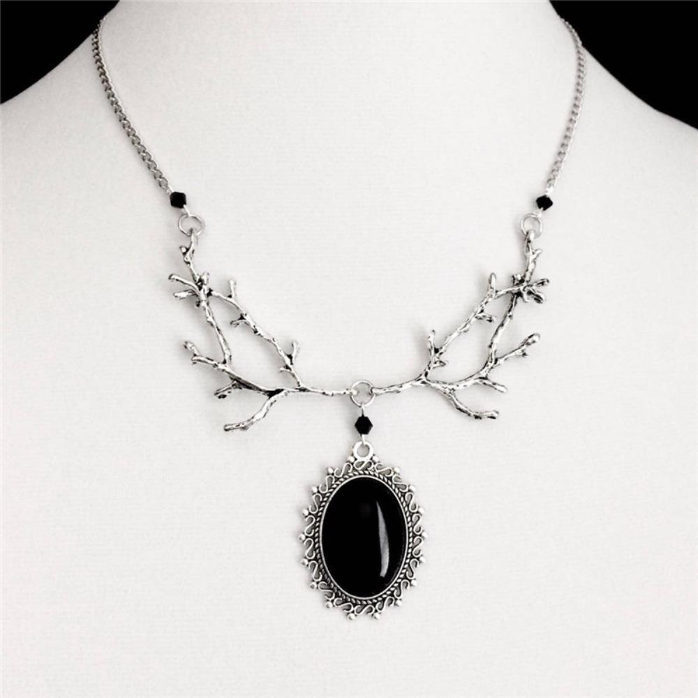 Fashion Gothic Silver Color Tree Branch Oval Lacework Black Imitation Gemstone Pendant Necklace for Women Men Halloween Jewelry