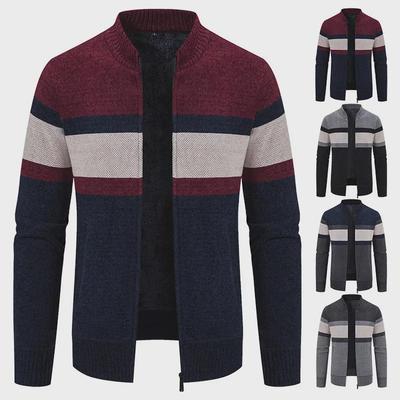 Middle-Aged & Elderly Color-Block Stand-Up Collar Knitted Sweater Cardigan with Plus Velvet