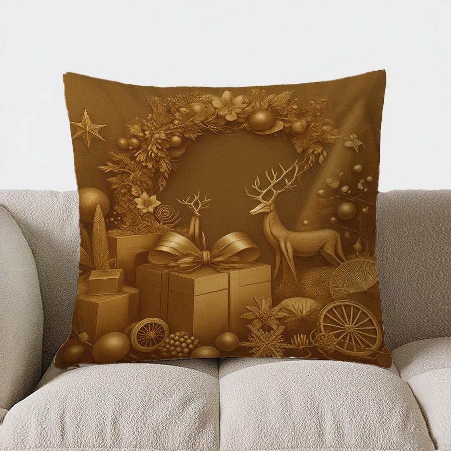 Home Decor Golden Christmas: Deer, Tree & Gift Cushion Pattern Cushion Cover Suitable For Sofa Bedroom Car Pillow Cover