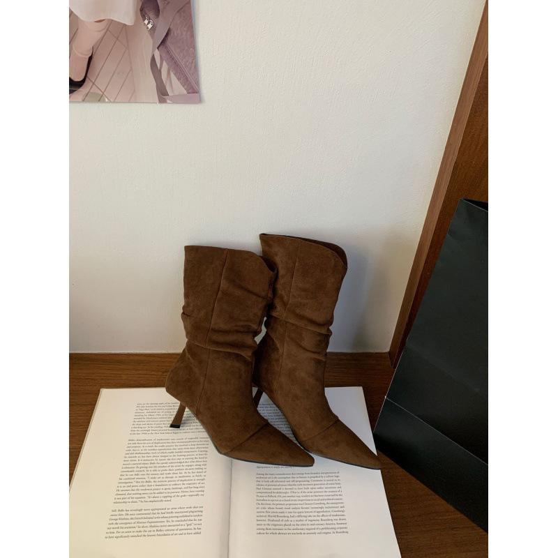 

2025 autumn and winter thin heel high heel women s boots suede V mouth medium tube thin pointed fashion boots 39 темно-коричневого