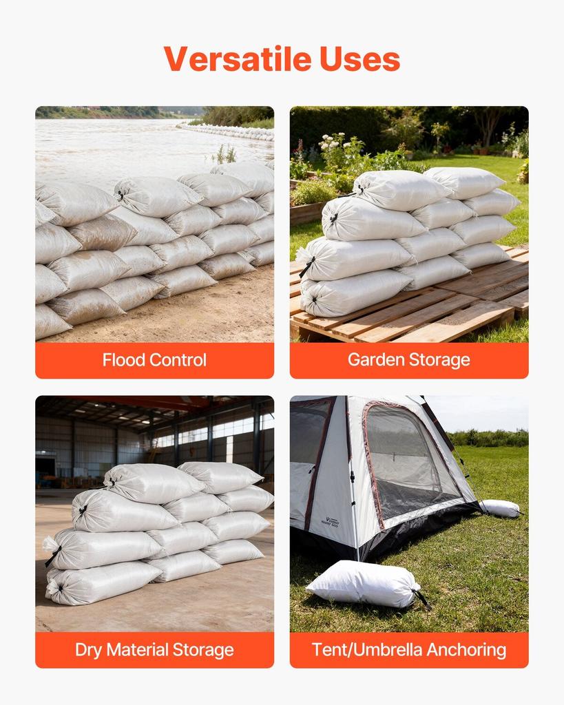 Empty Sandbags, 200 Packs 40 X 66 Cm, Heavy Duty Sand Bags Sacks with Ties, 22.6kg Capacity Woven Polypropylene Sandbags, Tear-Resistant &