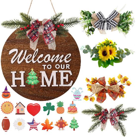 Interchangeable Welcome Sign for Front Door with 4 Seasonal Wreaths and 14 Changeable Icons, Farmhouse Front Door Signs, Door Decoration Porch Decor,