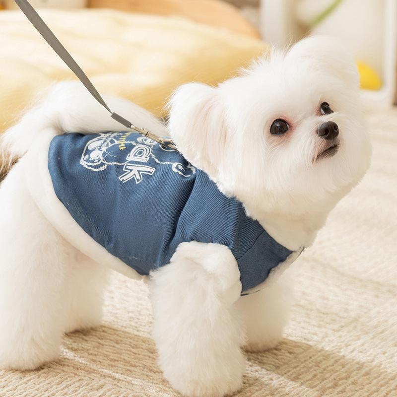 Thickened and Velvet Winter Warm Dog Cotton Coat Denim Print Traction Teddy Than Bear Cat Vest Pet Clothes