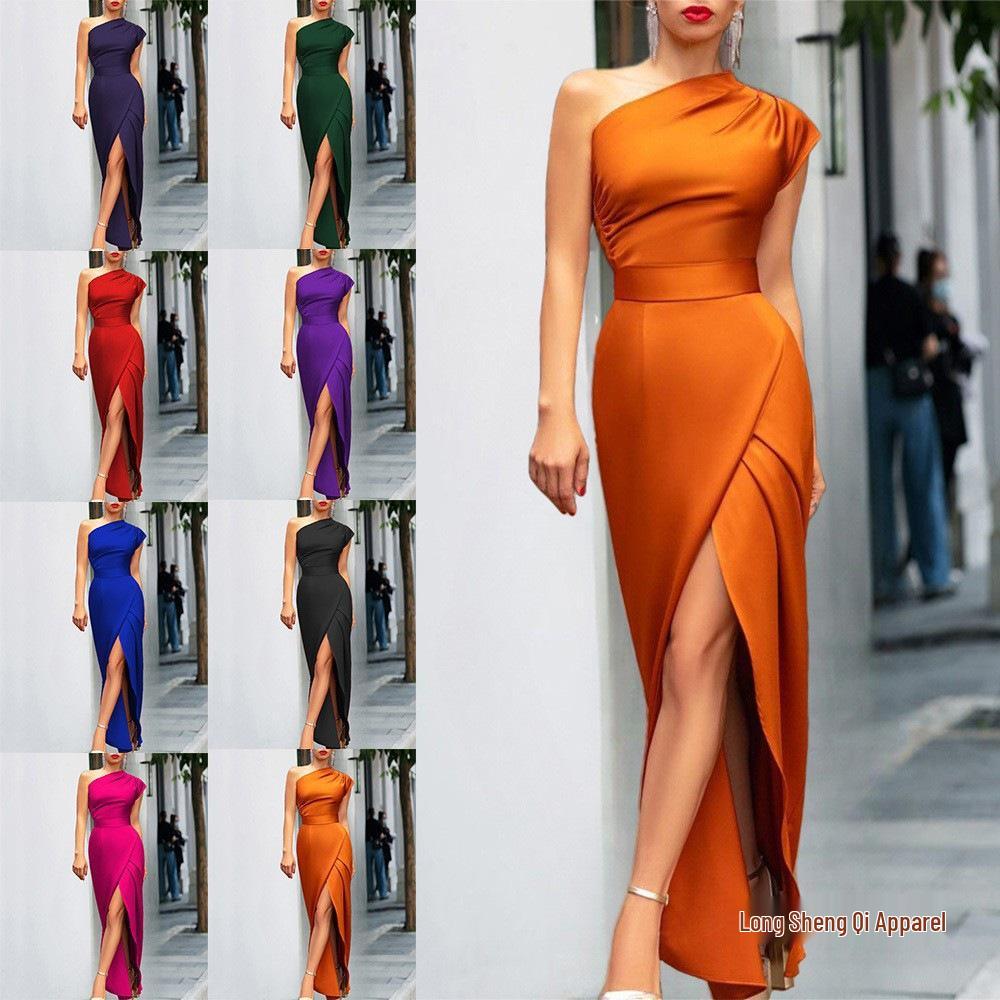 One-Shoulder High-Waist Slit Dress
