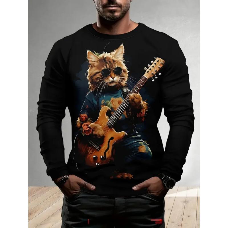 Round Neck 3D Cat Printed T-shirts Casual Long Sleeved Men's T-shirts - Soft Medium Stretch Polyester Fabric Spring and Autumn Relaxed Fit Clothing