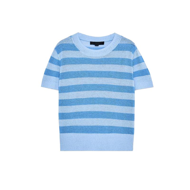 Summer New Arrival Women's Clothing Easiest for Match Leisure Pullover Simple Knitting Stripes round Neck Short Sleeve Tops 2142079