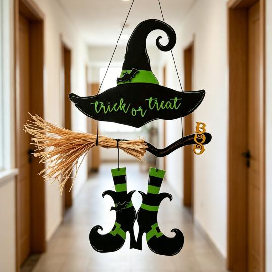 Hanging Wall Decor Halloween Witch Hat Boot Sign, Trick or Treat Decoration Or Sign for Home Room, Wooden Front Door Hanger Holiday Party,
