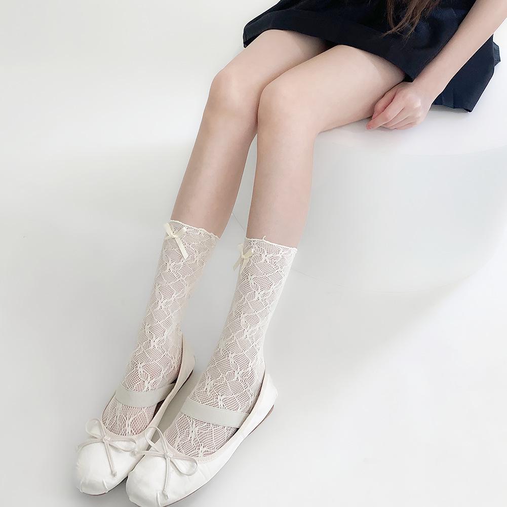 Korean Style Lace Bowknot Fishnet Calf Socks - Thin Hollow Garter Scrunch for Women