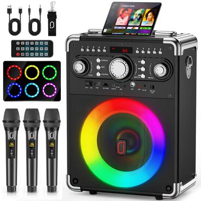 Karaoke stroj se 3 bezdrátovými mikrofony pro dospělé, přenosný Bluetooth party reproduktor s nastavením echa, podpora TWS/USB/TF karty/kytary/TV