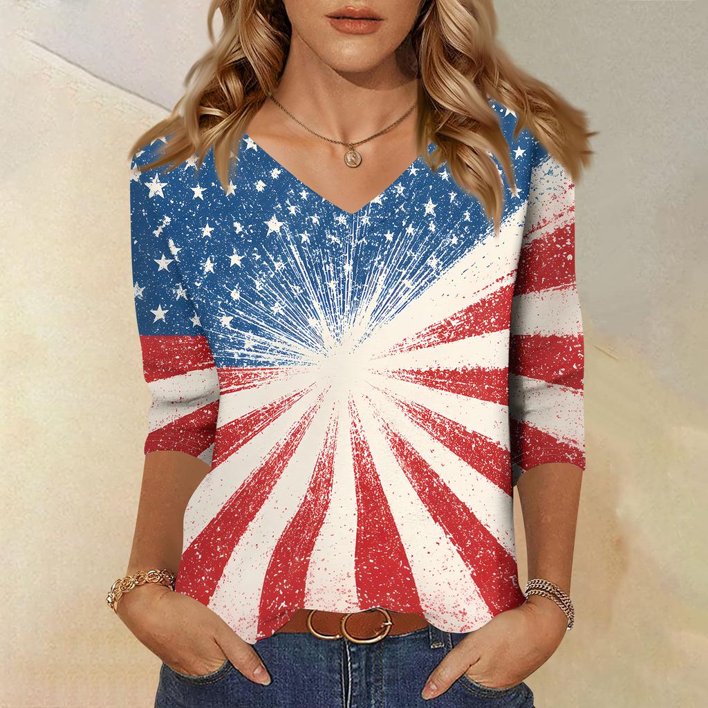 Women's Tops Three-quarter Sleeve Shirt V-neck Loose Casual Shirt Print T-shirt