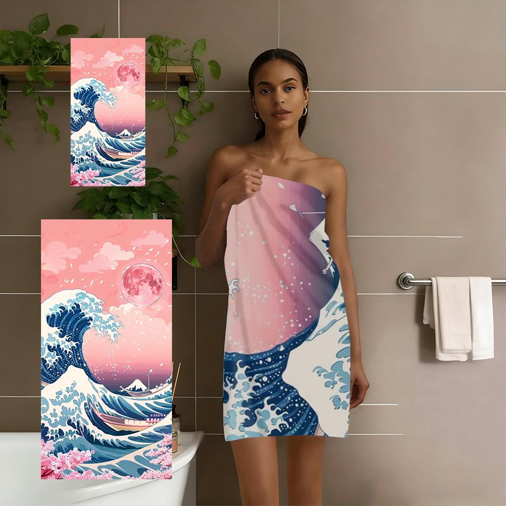 The Great Wave Off Kanagawa Beach Towel Microfiber Quick Dry Absorbent Oversized Bath Towel Sand Free Japanese Ukiyo-e Cherry