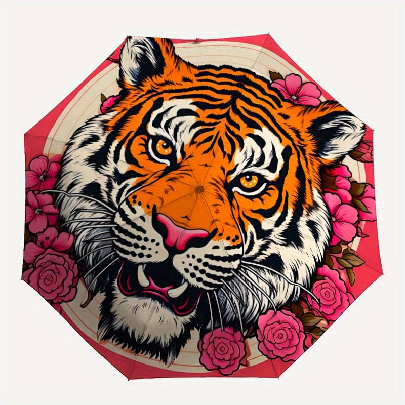 

1pc Tiger Flowers Automatic Open/close Folding Compact Umbrella, 8-Rib Sturdy Canopy, Lightweight Portable, Everyday Use, Gift, Outdoor Umbrella, Trav