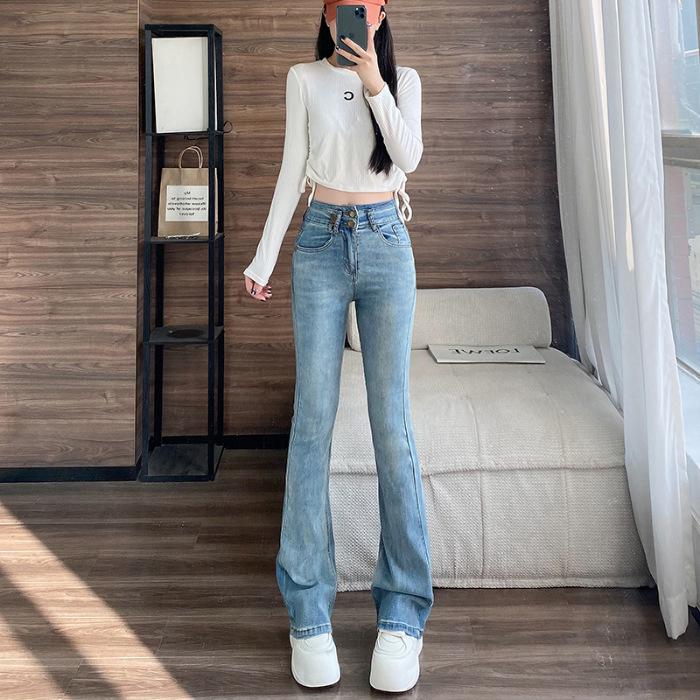 

Женские джинсы микроклеш с высокой посадкой - Осень 2024 Длинные брюки слимфит на двойной пуговице S светло-синий