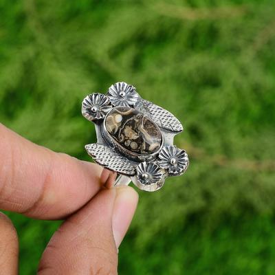 Natürlicher Turritella Achat Versprechen Blume Verstellbarer Ring 925 Silber Für Frauen
