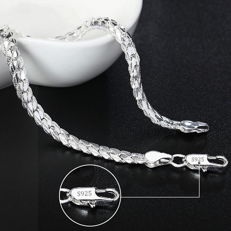 925 Silver Bracelet 6mm 18/20cm Flat Side Chain Lobster Clasp Bracelet For Woman Man Party Wedding Jewelry Holiday Gift