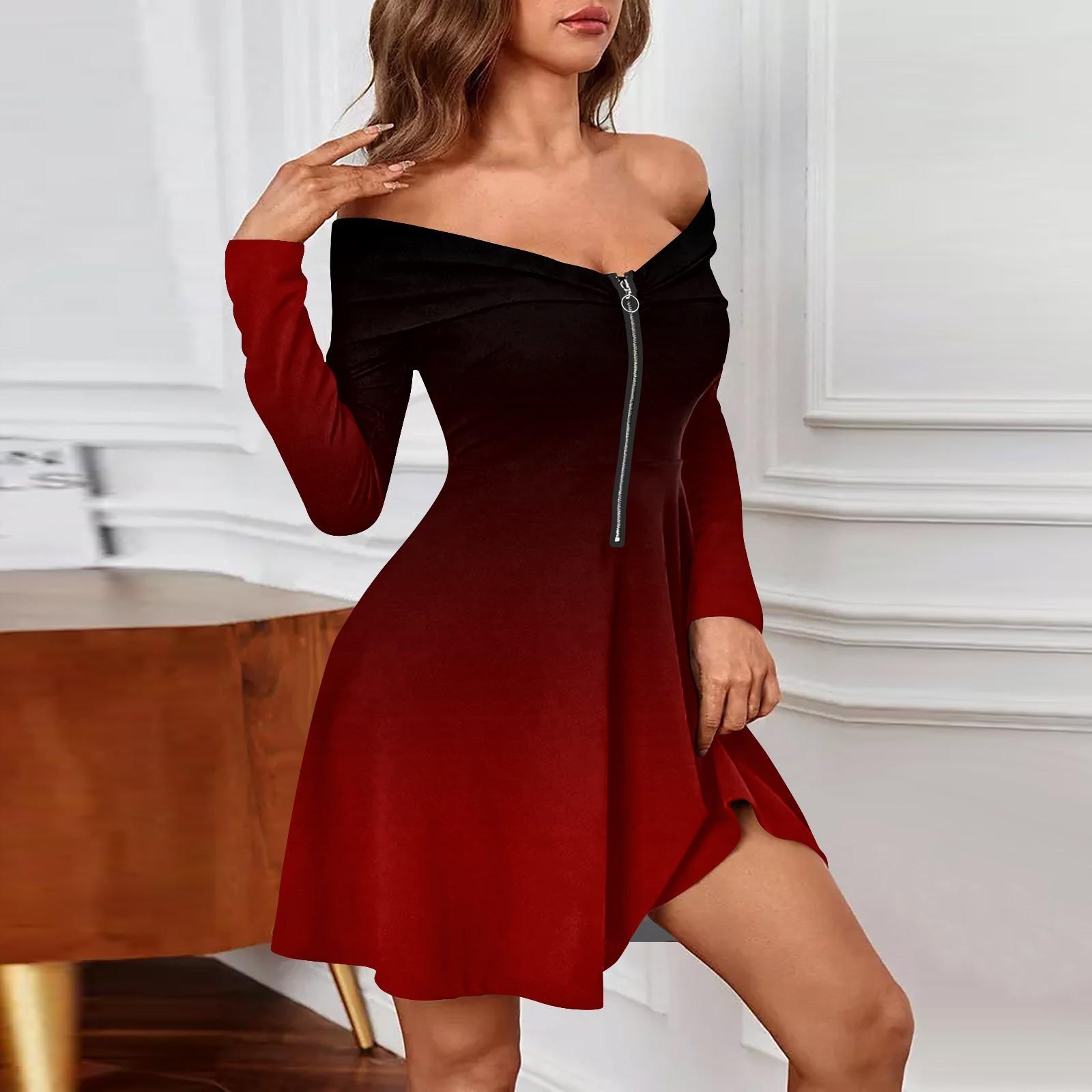 

Женские повседневные модные платья с длинным рукавом и принтом на молнии с открытыми плечами XL красный