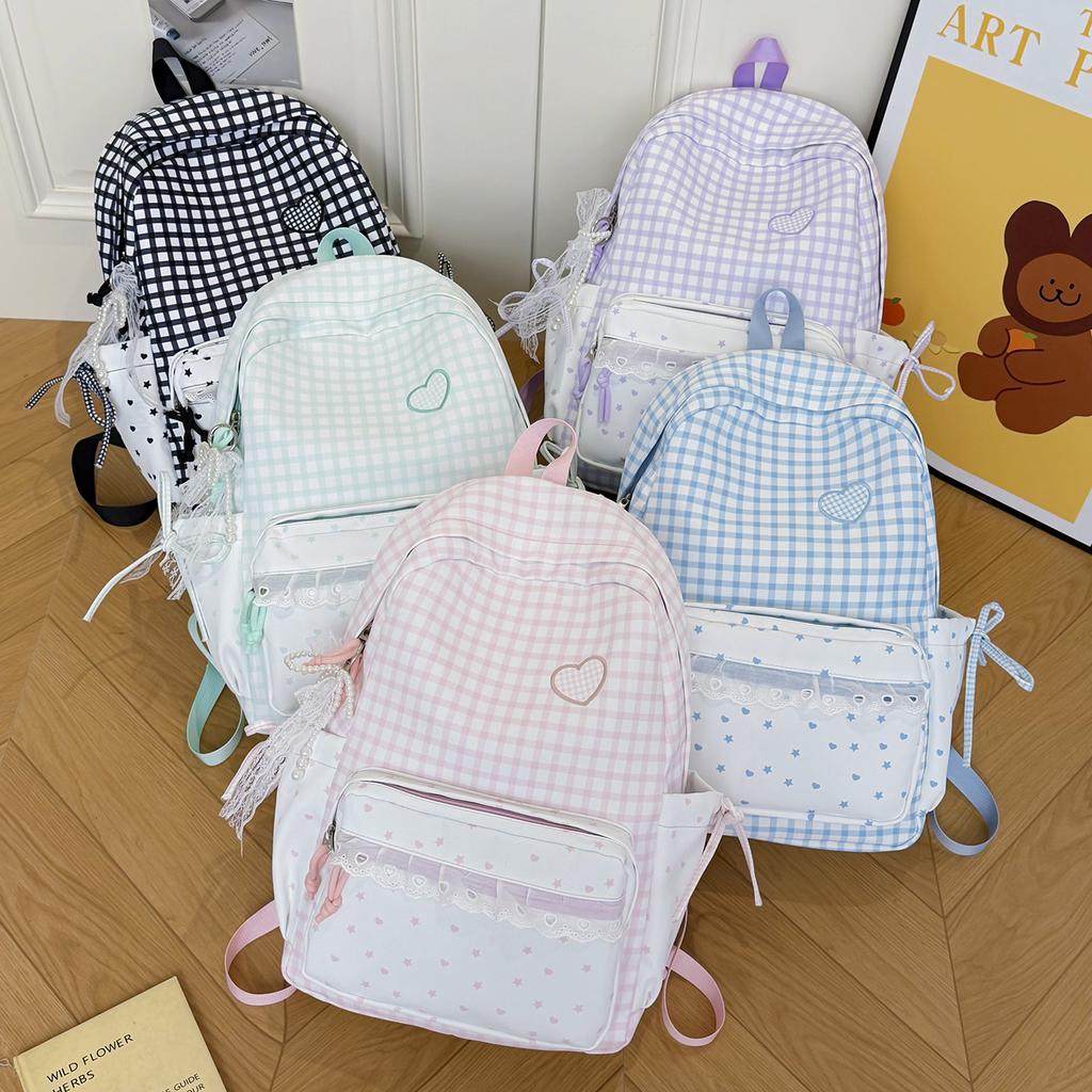 Schoolbag Korean Version of Sweet Lace Girl Style Casual Plaid Backpack In the College Student Trend High Value Large Capacity Schoolbag