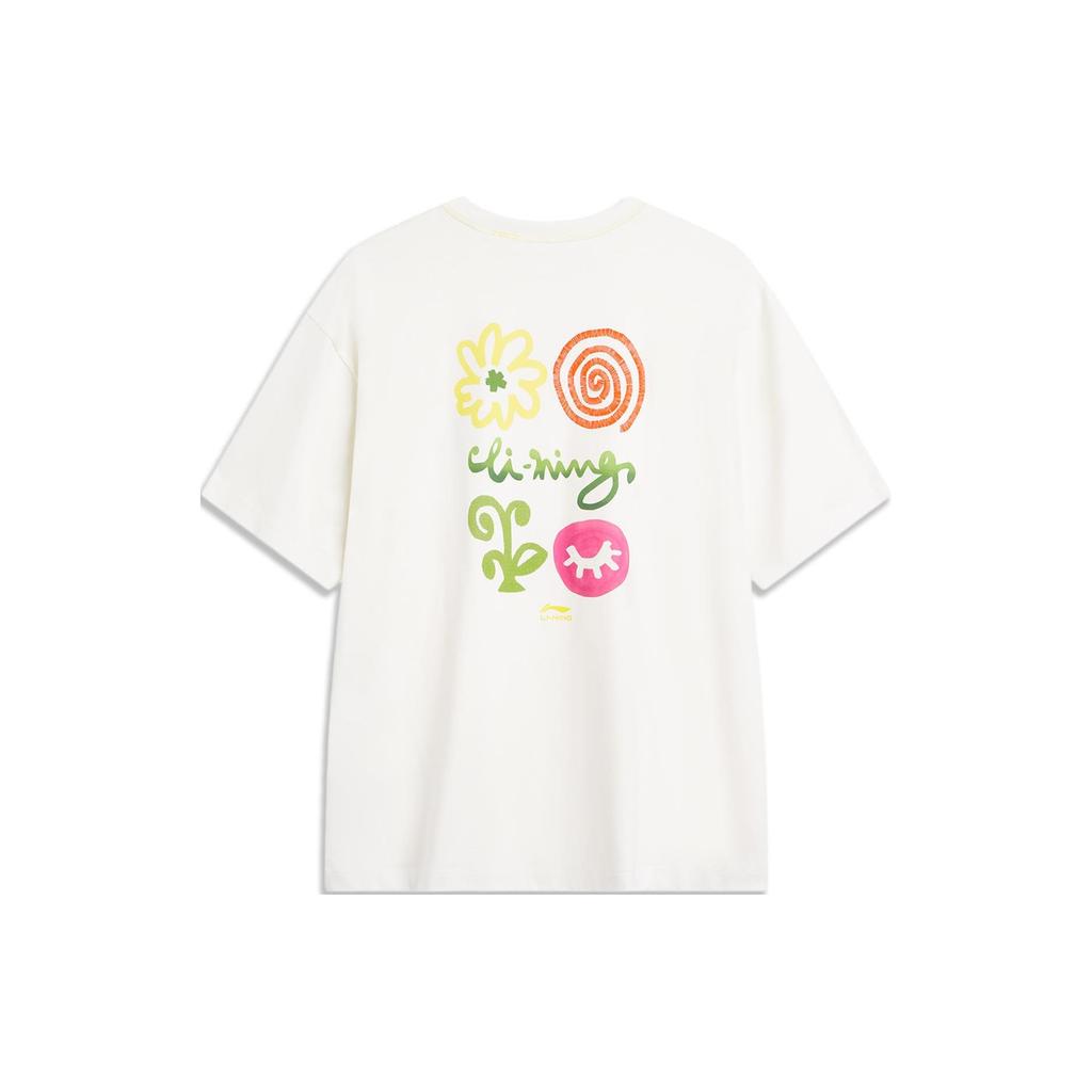 Li Ning Chinese Culture Series Printed Pattern Loose Casual Short Sleeve Drop Shoulder T-Shirt Women T-Shirt Off-White AHSU338-1