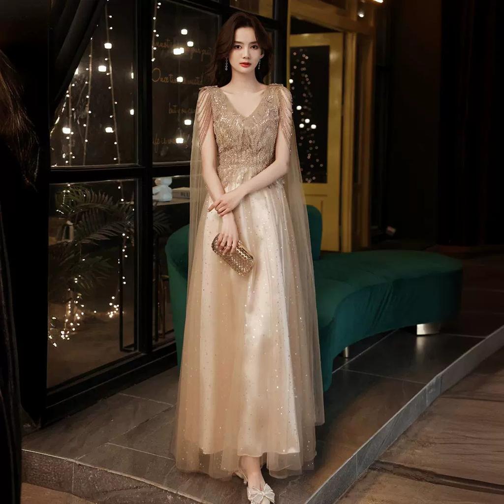 Toast clothes Bridal engagement evening dress Women's 1011 new art test light luxury long khaki V-neck bead dress