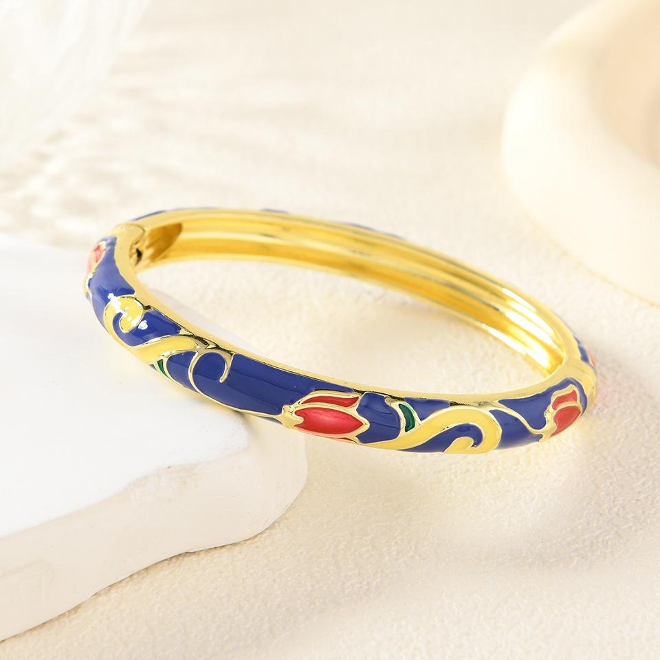 New Retro Women's Red Flower Dripping Enamel Antique Style Versatile Bracelet