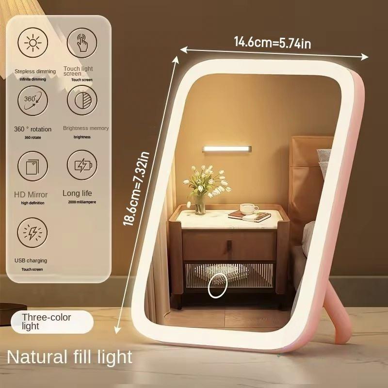 

New Lighted Plastic Vanity Mirror Dimmable Touch Screen Portable Travel Makeup Mirror with LED Light Modern Stylish Design as the picture розовый