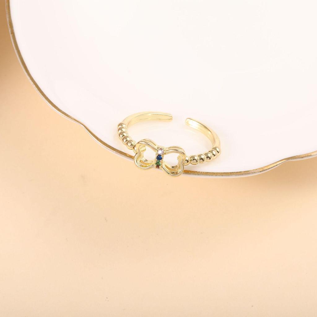 Copper-Plated 18k Gold Butterfly Knot Ring with Micro-Paved Diamonds, Fresh Imitation Wedding Jewelry