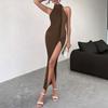 Women Halter Neck Maxi Dress High Slit Bodycon Evening Party Formal Dress