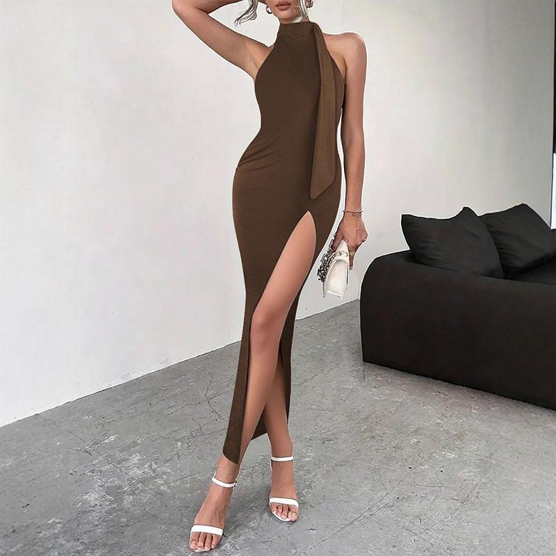 Women Halter Neck Maxi Dress High Slit Bodycon Evening Party Formal Dress