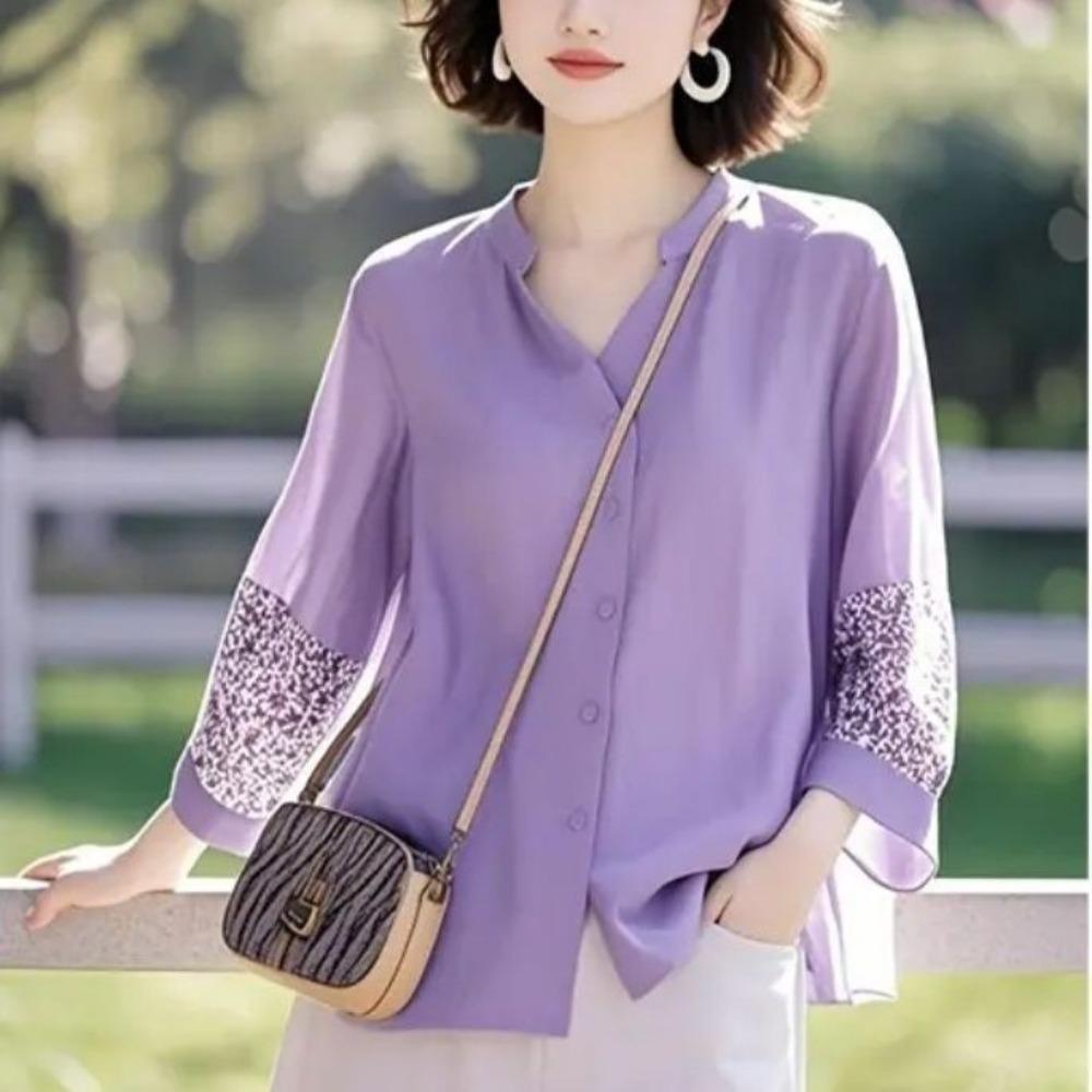 New Unique Commuting Blue Green 3/4 Sleeve Shirt Women's Loose Stylish Top