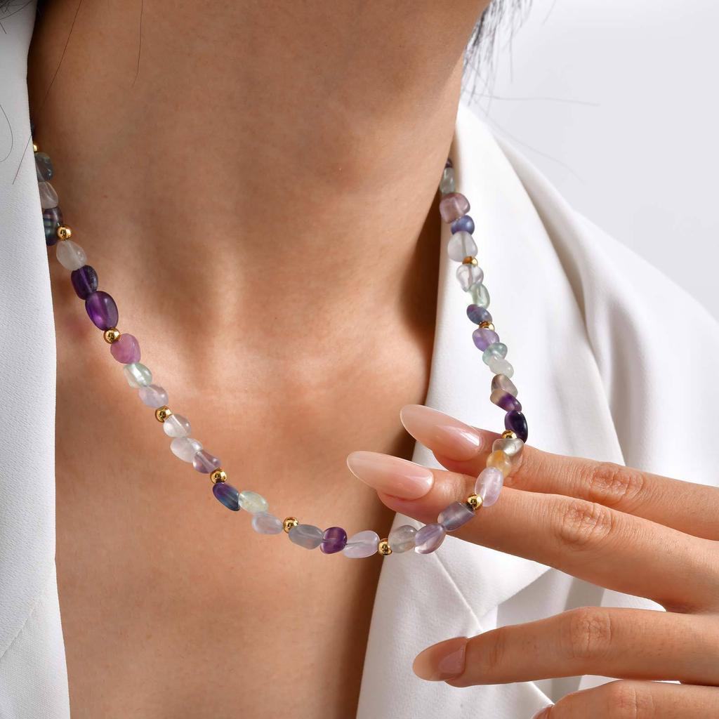 Ladies Elegant Contrast Color Matching Stainless Steel Chain Natural Stone Necklace Plated 18K Gold Jewelry Nc-2547