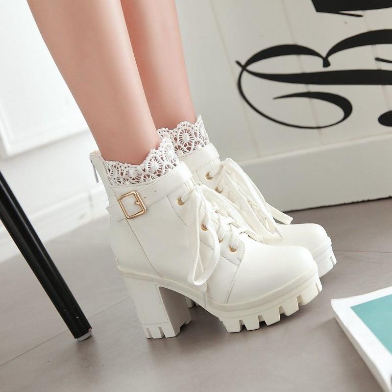 High Quality Women's Lace Block Platform Short Boots Fashion Outdoor  Lace Up Women's Comfy High Heels Ankle Boots Botas Mujer