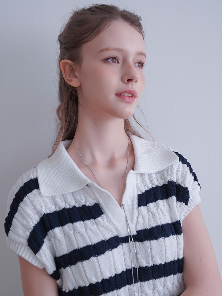 KOOLKITTEN Striped Cable Collar Knit Top 2 Colors