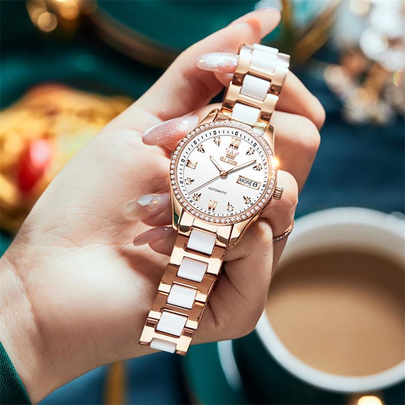 OLEVS Ceramics Women Watches Luxury Brand Diamond Automatic Mechanical Watch Ladies Waterproof Calendar Gift Reloj Muje