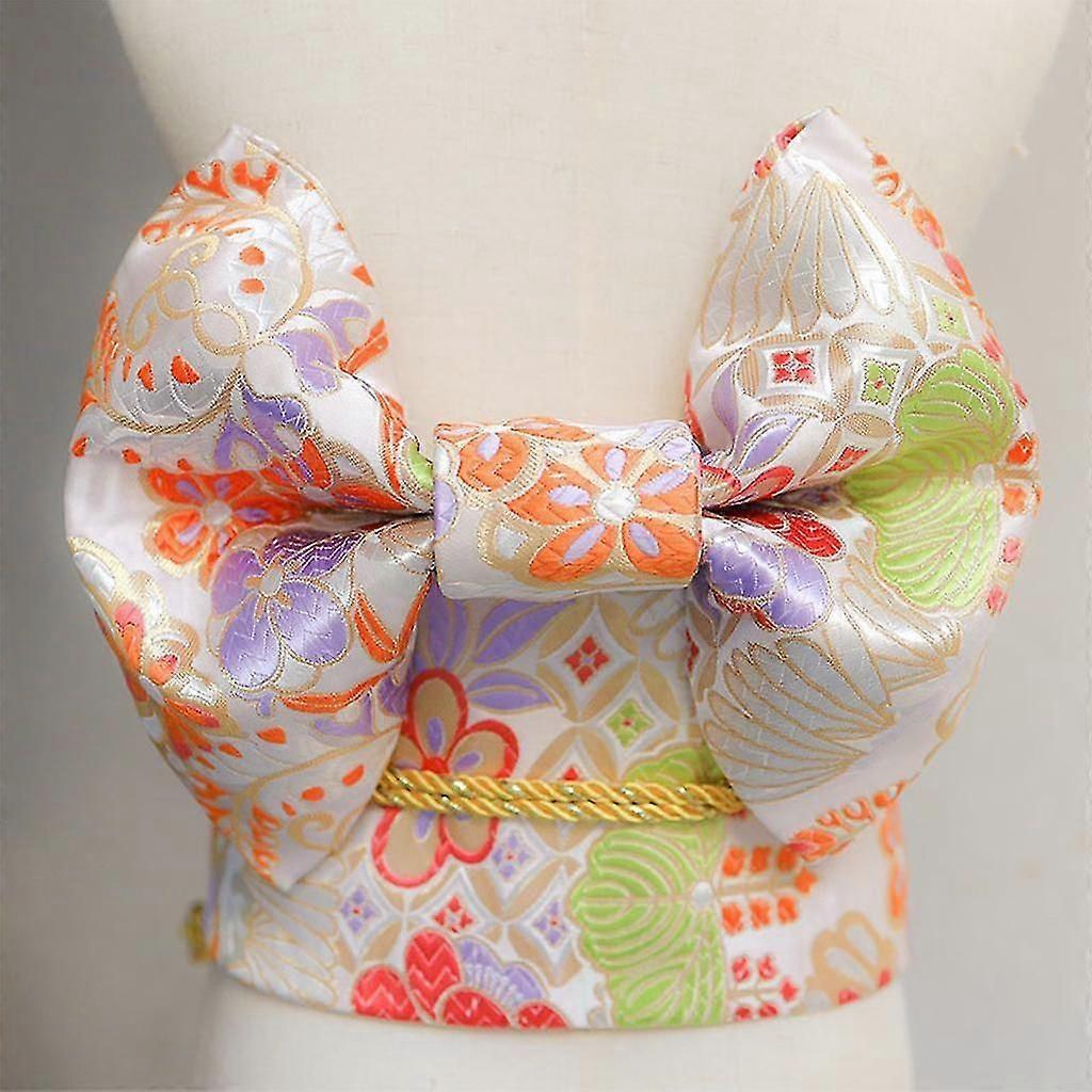 Women Japanese Belt Pre-Tied Bow Kimono Robe Obi Strap Yellow Kids
