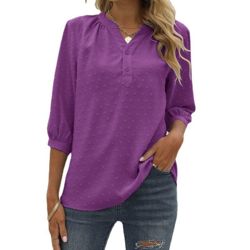 

Stand Neck Medium Sleeve Shirt Loose Top Stand-up Collar Medium-Sleeve Shirt Loose Tops Purple L