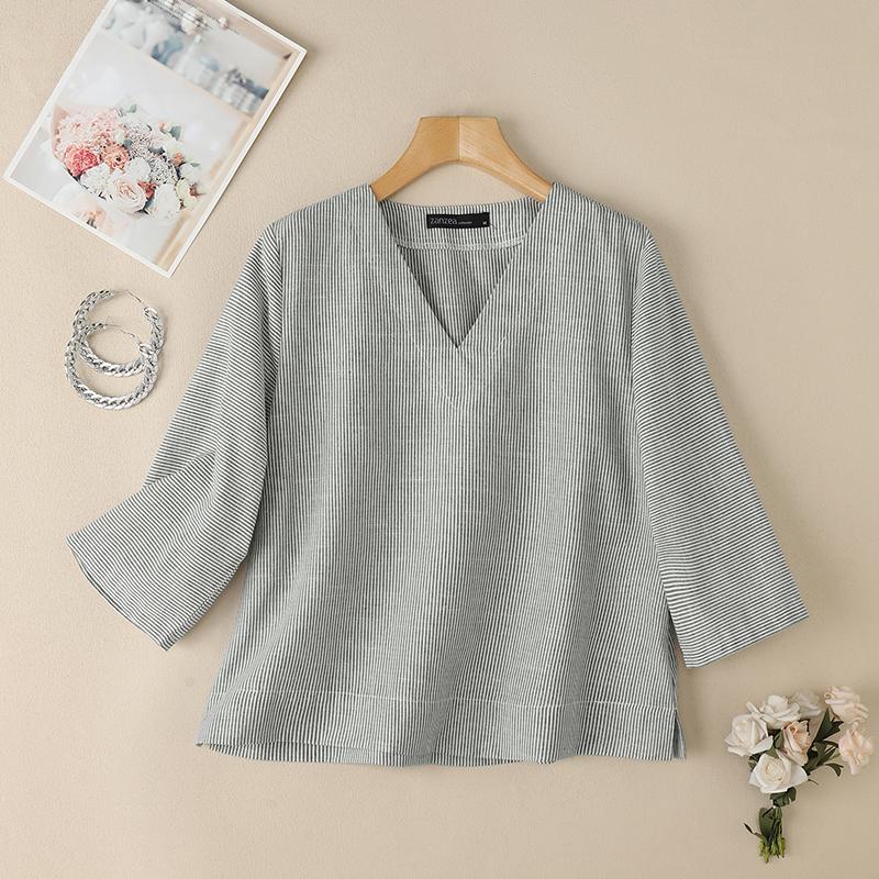 

ZANZEA Женская Свободная Повседневная Блузка в полоску с V-образным вырезом и рукавом 3/4 S серый