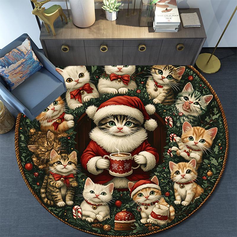 Cats and Santa Claus Round Area Rug,Carpet Rug for Living Room Bedroom Sofa Playroom Decor,Non-slip Floor Mat