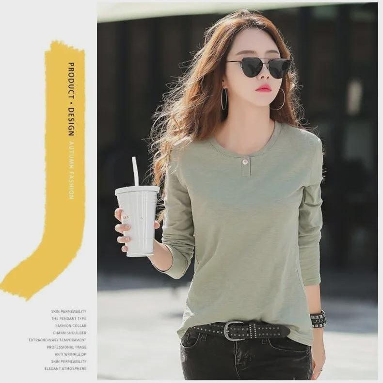 Korean Long-Sleeve T-Shirts for Women: Slimming Solid Color Layering Tops, Youthful Style