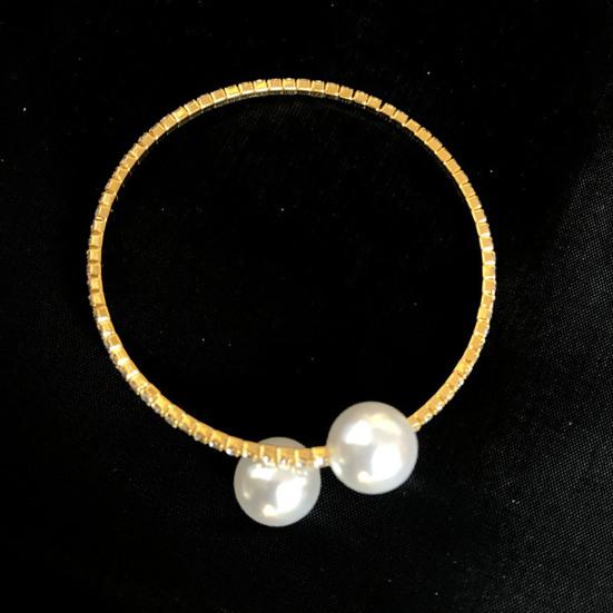 2Pcs/Set Women Elegant Faux Set Pearls Shiny Rhinestones Jewelry Adjustable Open Collar Necklace Bangle Set