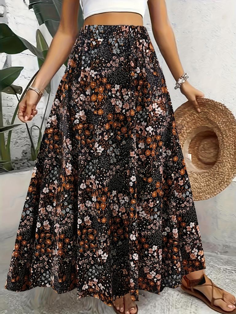 women's dark base ditsy floral elastic high waist flowy a line maxi skirt summer casual long swing bottom