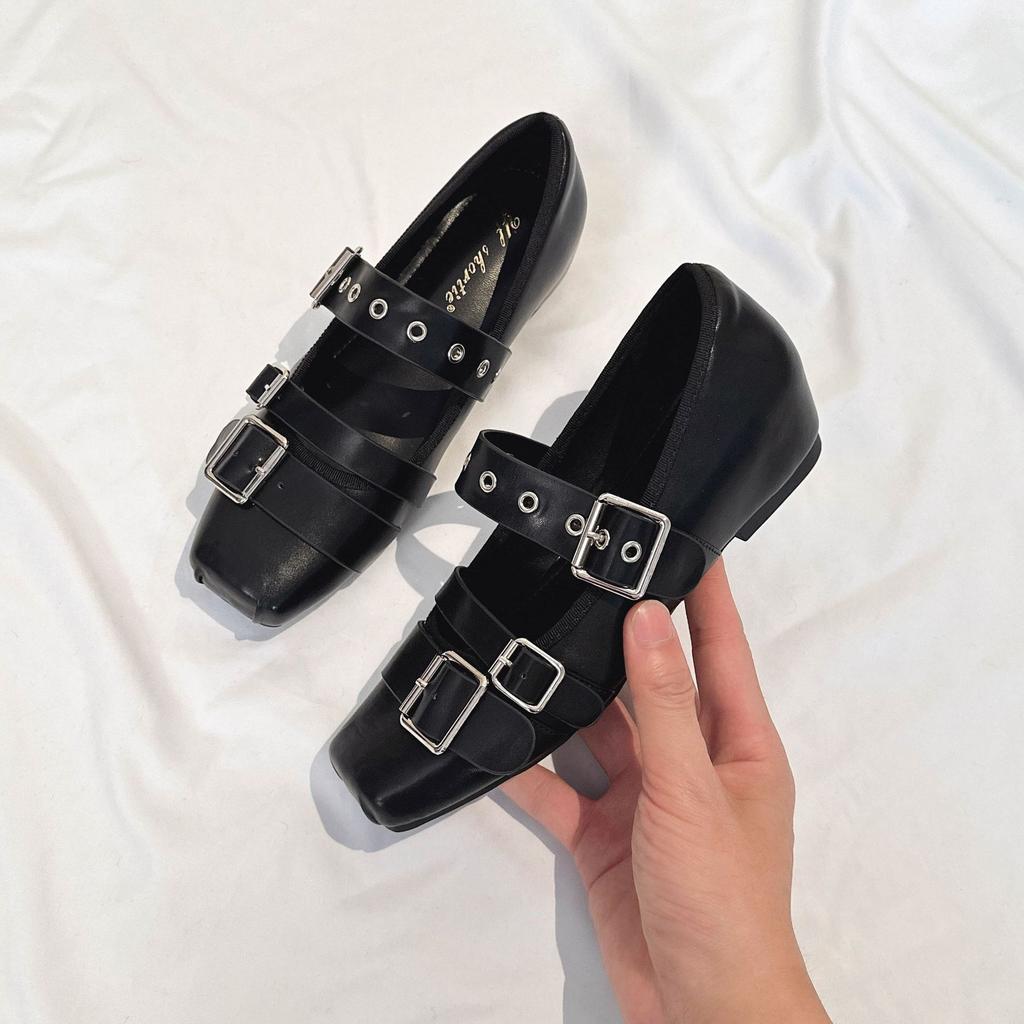 Zsj Damenschuhe 2025 Herbst neue Ballerinas Mary Jane Schuhe vielseitig Leder flacher Ausschnitt eckige Zehen Schnalle Einzelne Schuhe