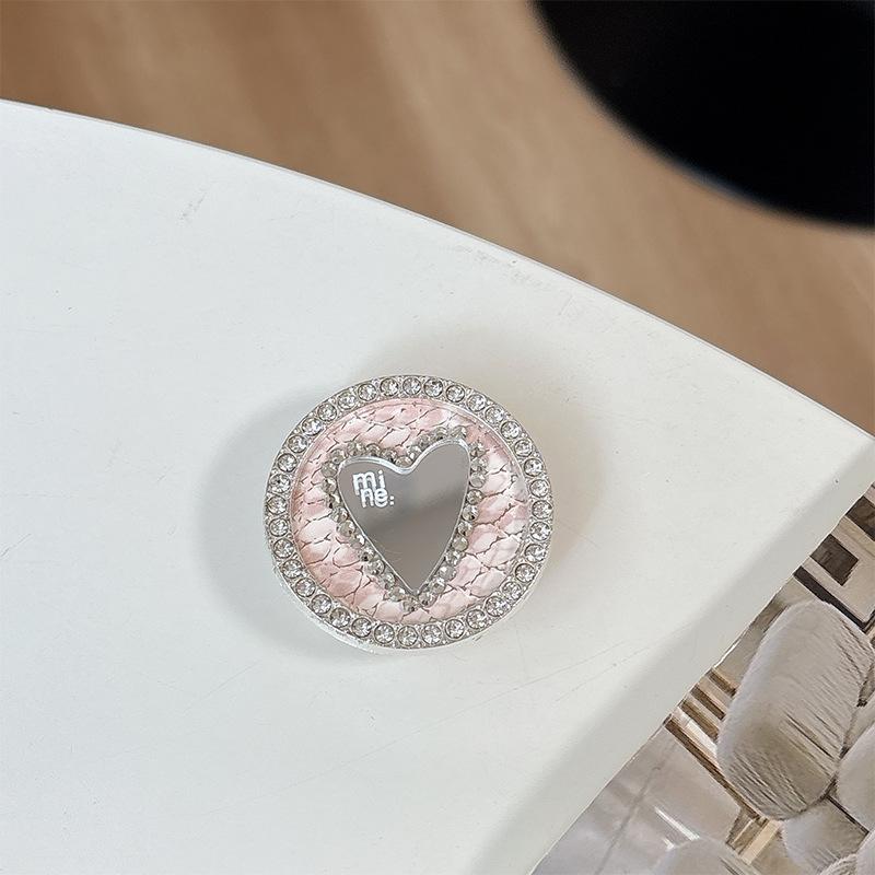 Korean Fashion Rhinestone Heart Leather Phone Holder with Mirror and Magnetic Stand