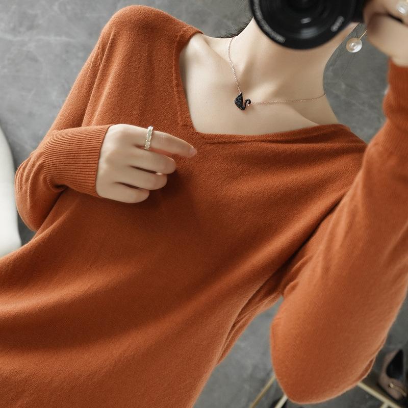 Women's V Neck Long Sleeve Solid Knit Sweater Slim Basic Layering Pullover Jumper
