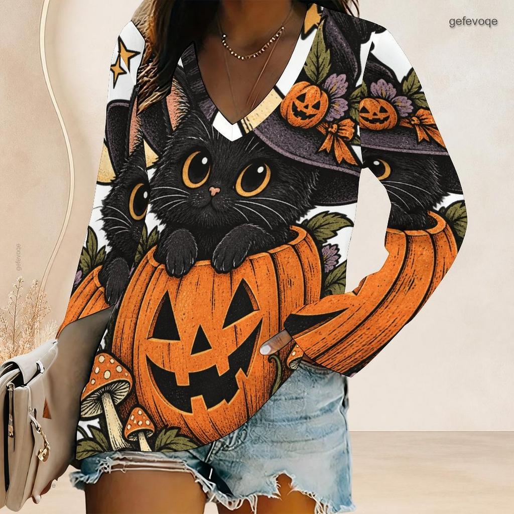 Women Plus Size V Neck Long Sleeve Halloween Mushroom Ghost Print Top