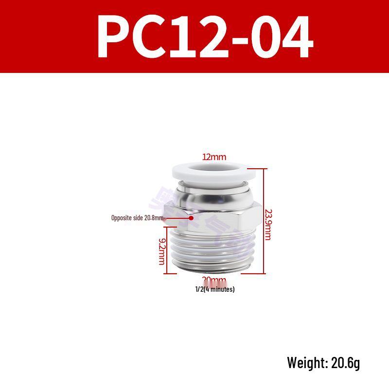 White Pneumatic Quick Connect Fittings, External Thread, PC4/6/8/10/12/14/16-M5/M6, Sizes 01-06