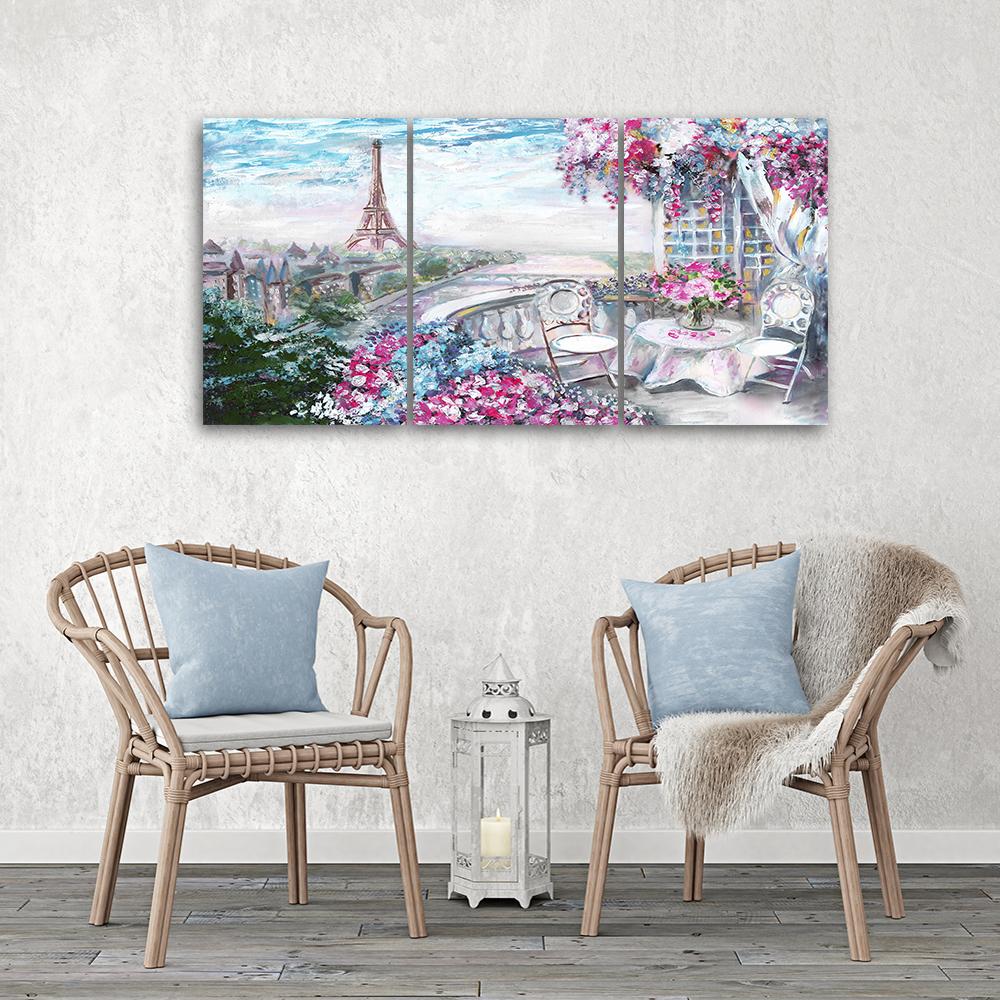 Three piece picture canvas print Paris Eiffel Tower - Landscape - Pastel