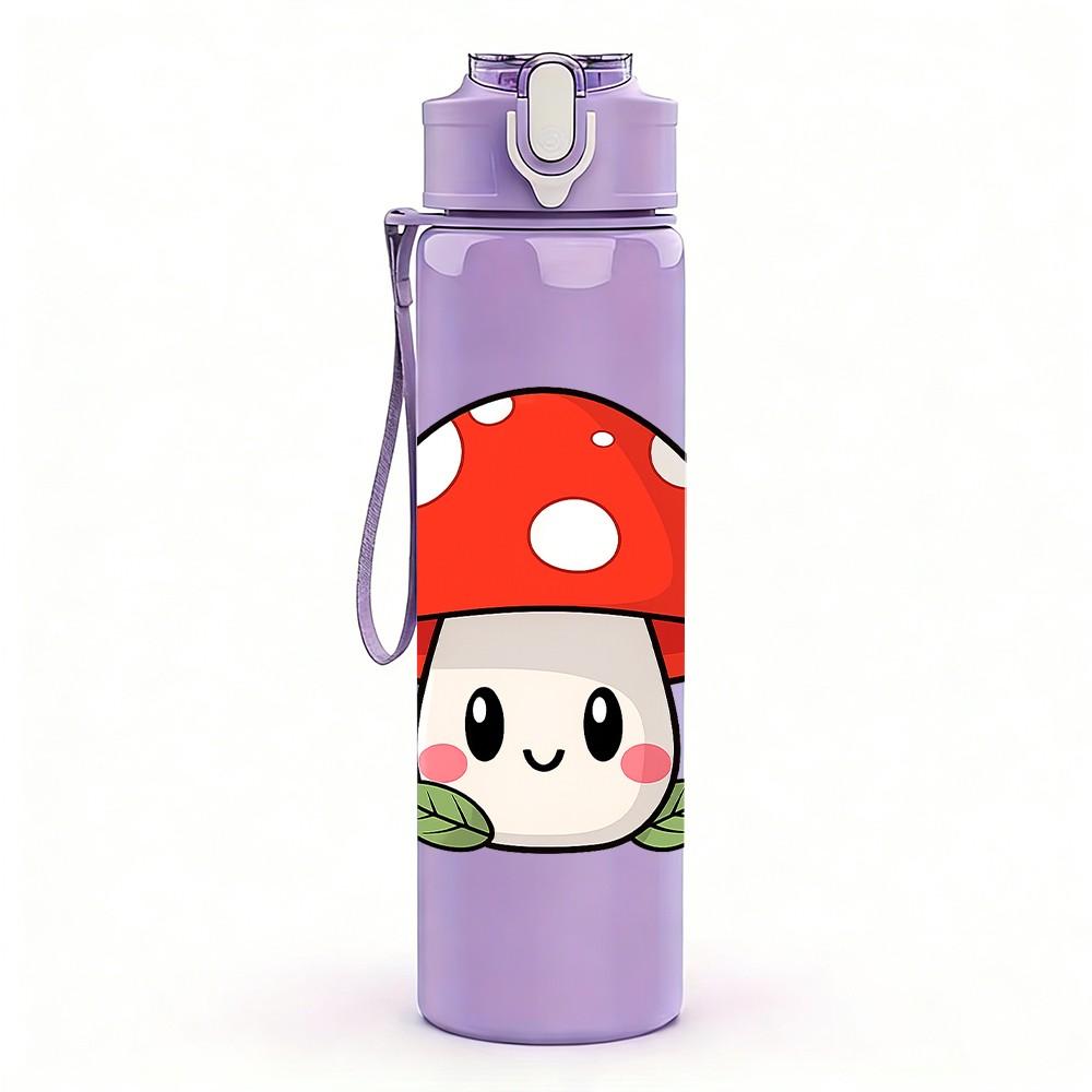 1PC Mushroom Cartoon Pattern 750ml Color Plastic Sports Water Bottle Leakproof Flip Straw Lid Suitable for Sports Office Home Use