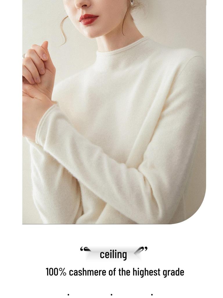 Women's 100% Pure Cashmere Half-High Neck Rolled Hem Sweater: Soft, Warm, Versatile Pullover Knit.