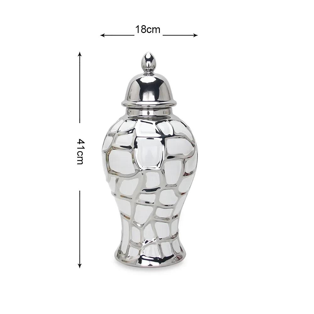 Ceramic General Pot Silver Grid  Porcelain Ginger Jar Storage Tank with Cover Flower Vase Home Furnishing Decoration Vases Pots